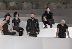 New Breed 2015 choreographers (L to R) Fiona Jopp, Kristina Chan, Daniel Riley, Bernhard Knauer, with Rafael Bonachela. Photo by Peter Greig.