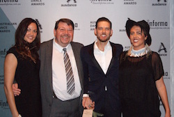 Bangarra Dance Theatre with Mark Rasmussen of Harlequin (major sponsor). Photo by Dance Informa.