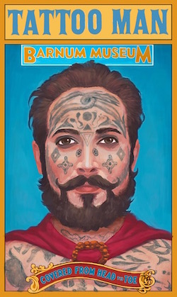 Publicity image for Barnum Museum and Captain Costentenus - The Tattooed Man, as used in the film 'The Greatest Showman'.