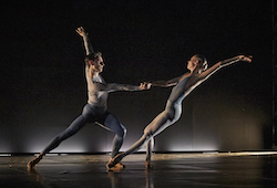 Christopher Hill and Brooke Widdison-Jacobs performing 'Ambiguous Content' in Five by Night Ballet at the Quarry. Photo by Sergey Pevnev.