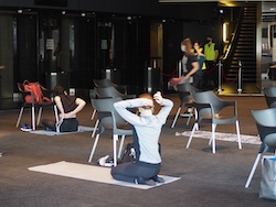 Social distancing during warm-up. Photo by Elizabeth Ashley.