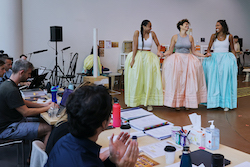 Elandrah Eramiha, Akina Edmonds and Chloé Zuel in rehearsal for 'Hamilton'. Photo by Lisa Maree Williams.