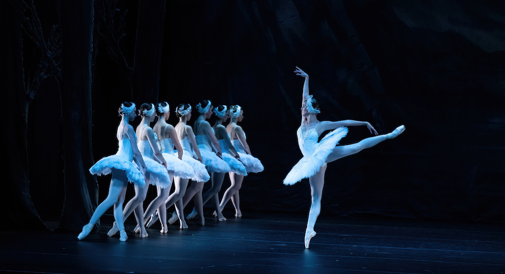 Kateryna Chebykina as Odette and the Corps de Ballet of The United Ukrainian Ballet in 'Swan Lake'. Photo by Ben Vella.