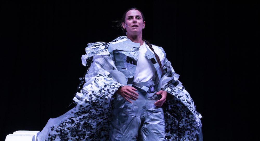 Rachel Coulson in Alison Currie and Alisdair Macindoe's 'Progress Report' at Sydney Dance Company's INDance Week 2. Photo by Gregory Lorenzutti.